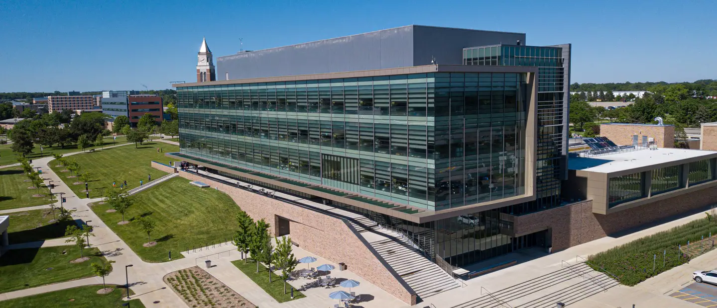 The exterior of the Engineering Center at Oakland University